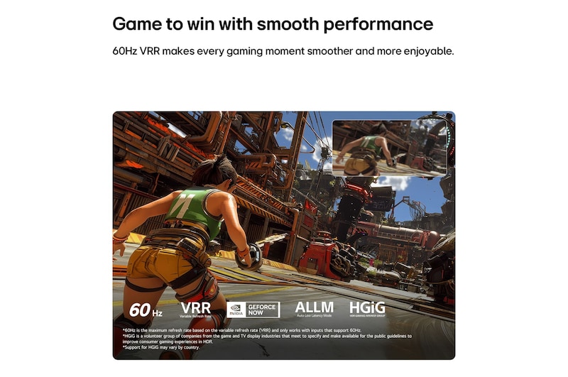 LG NANO 4K UHD AI nu70 for Ultimate Gameplay shows a fast-paced action game scene with a comparison inset highlighting smoother motion, while supporting up to 60Hz, VRR, ALLM, HGiG, and GeForce NOW.